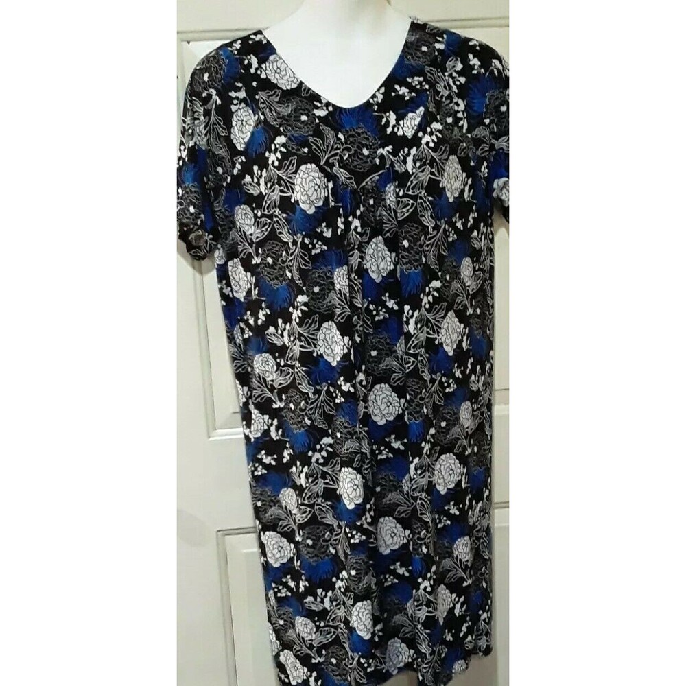Irene Vintage Floral Muu Muu Dress Housecoat, Black, Blue, White Sz M